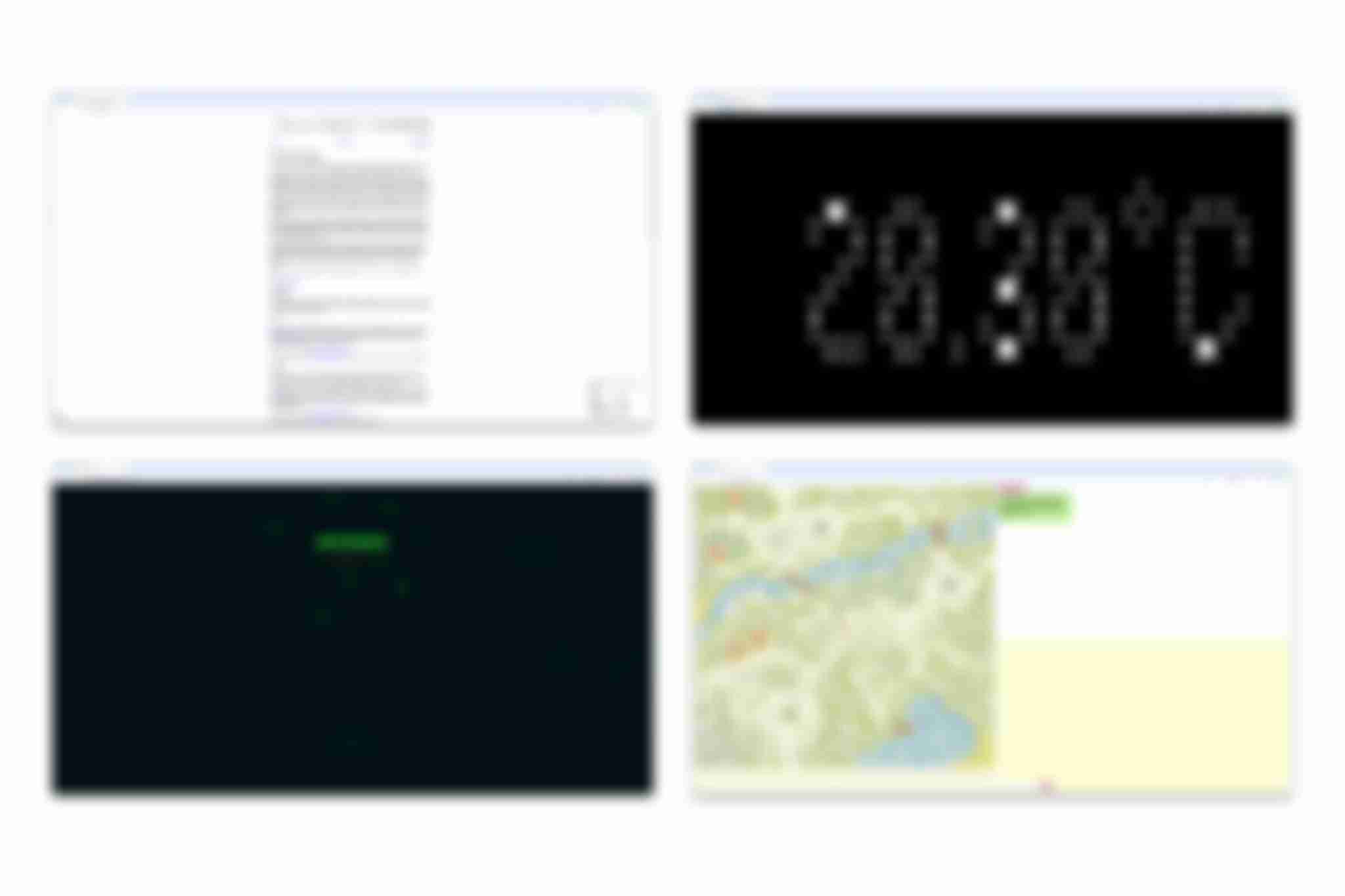An overview of the four websites hosted on the /sys/net/visible installation. They are shown side by side in a 2x2 grid layout.