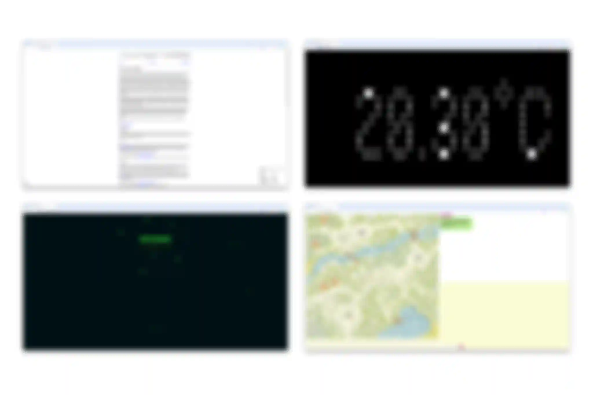 An overview of the four websites hosted on the /sys/net/visible installation. They are shown side by side in a 2x2 grid layout.